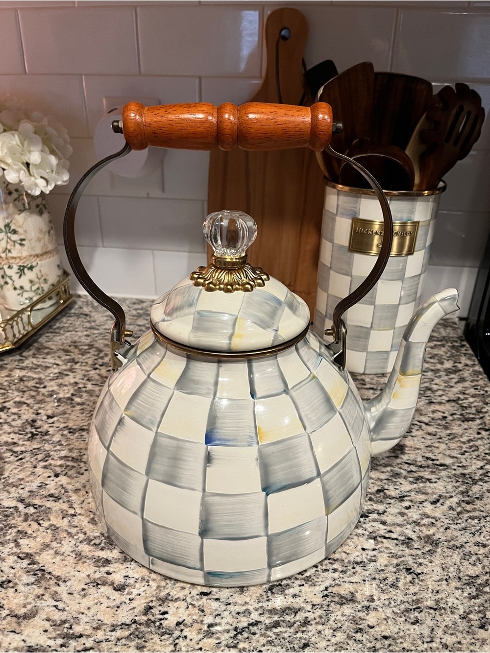 MacKenzie-Childs 3 Qt Sterling Check Teapot with Wood Handle